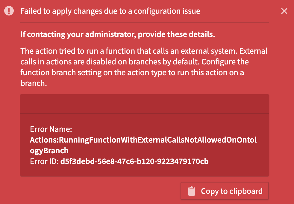 Failure toast for function-backed action executed on branch.