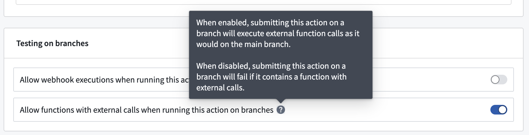 Enable functions with external calls on branches setting.