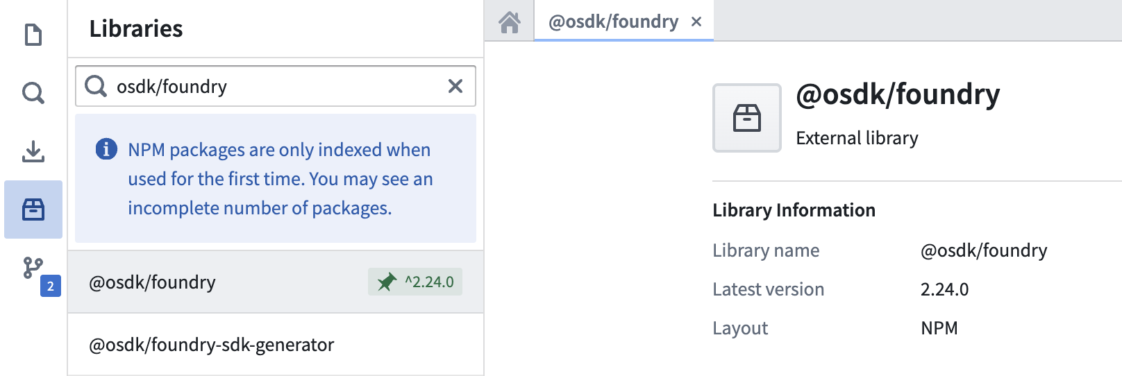 The Libraries search panel, searching for the TypeScript platform SDK.