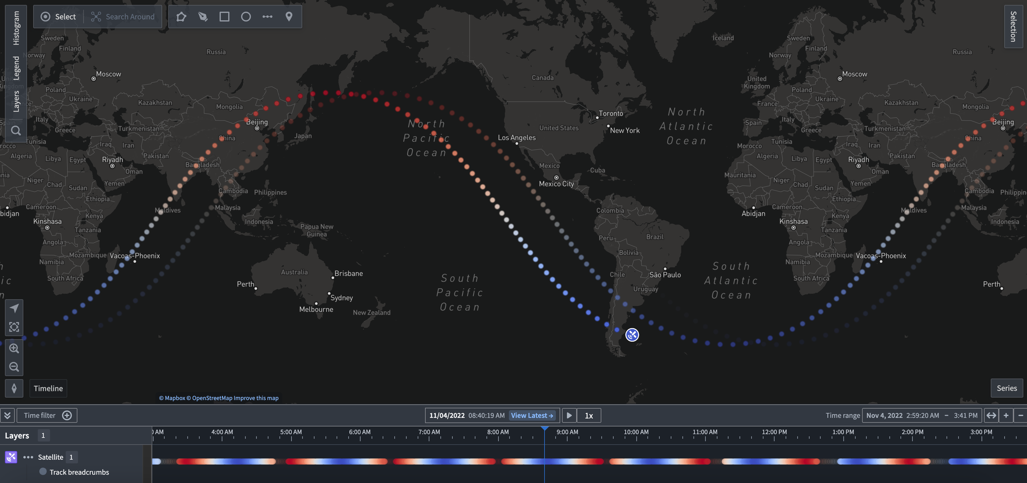 Track breadcrumbs example allowing a user to see the exact time at which object positions were recorded.