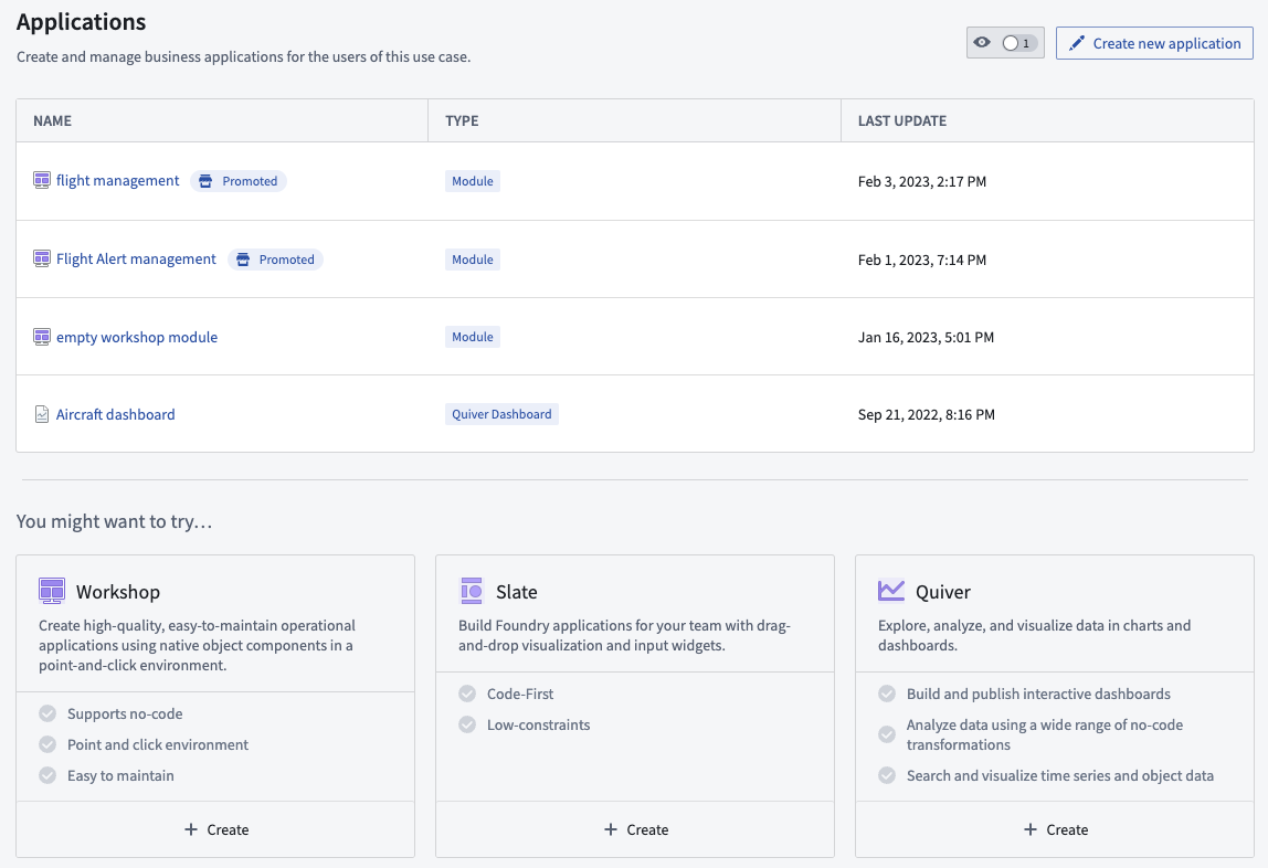 Applications page