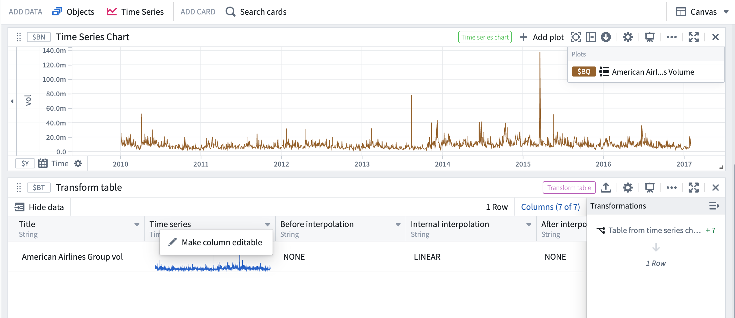 Quiver screenshot showing how to make a Time Series column editable in a Transform Table card.