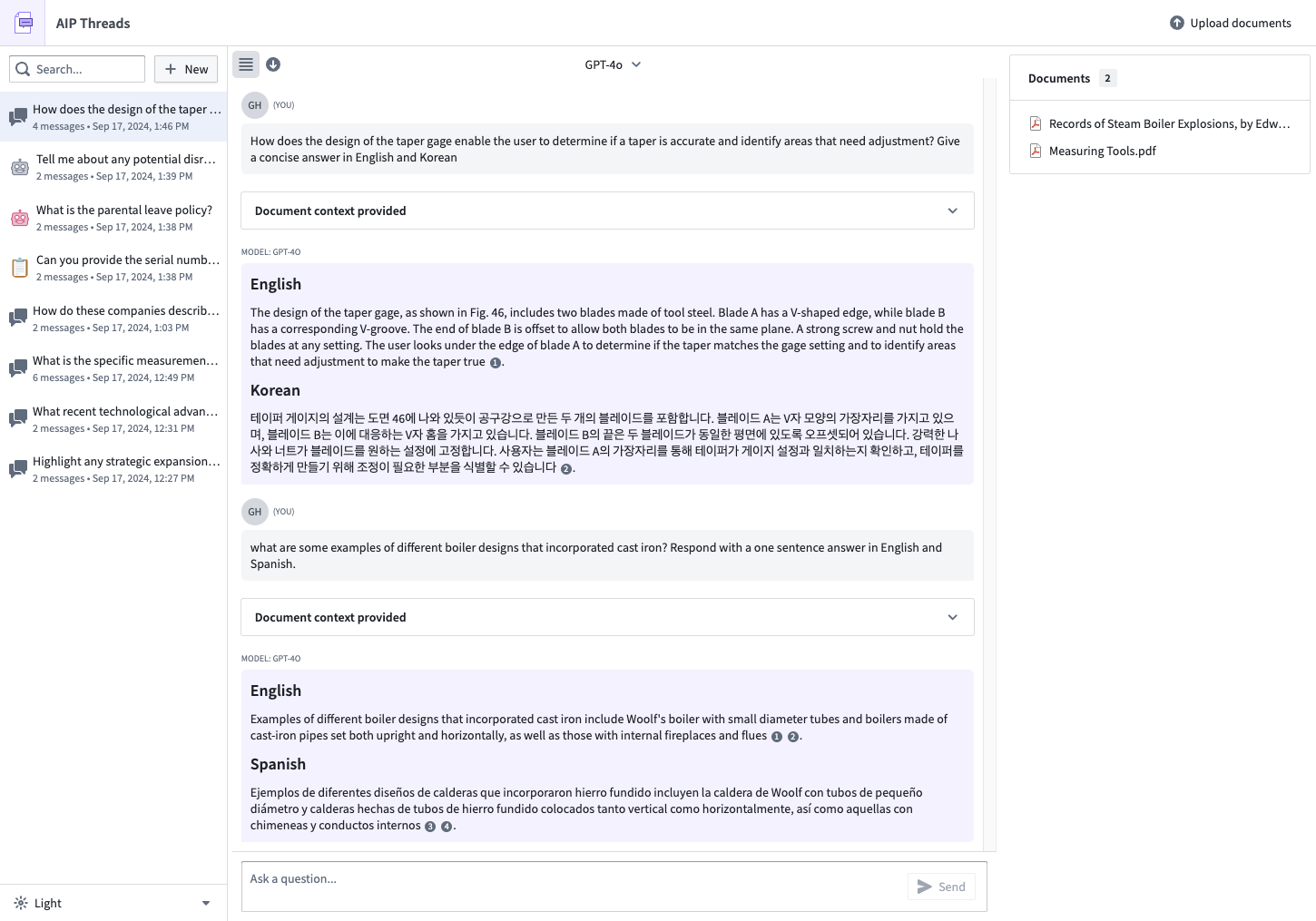 The main AIP Threads interface with a number of conversations with documents and AIP Chatbots. The selected conversation asks a technical question and the answer includes a citation to the original document.