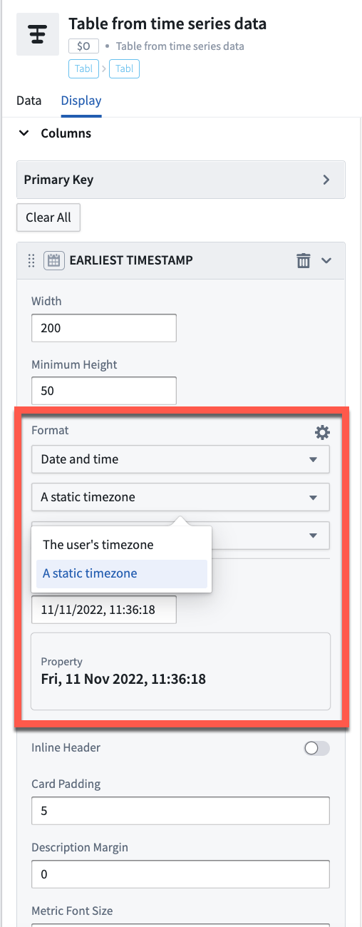 Transform table column time zone setting