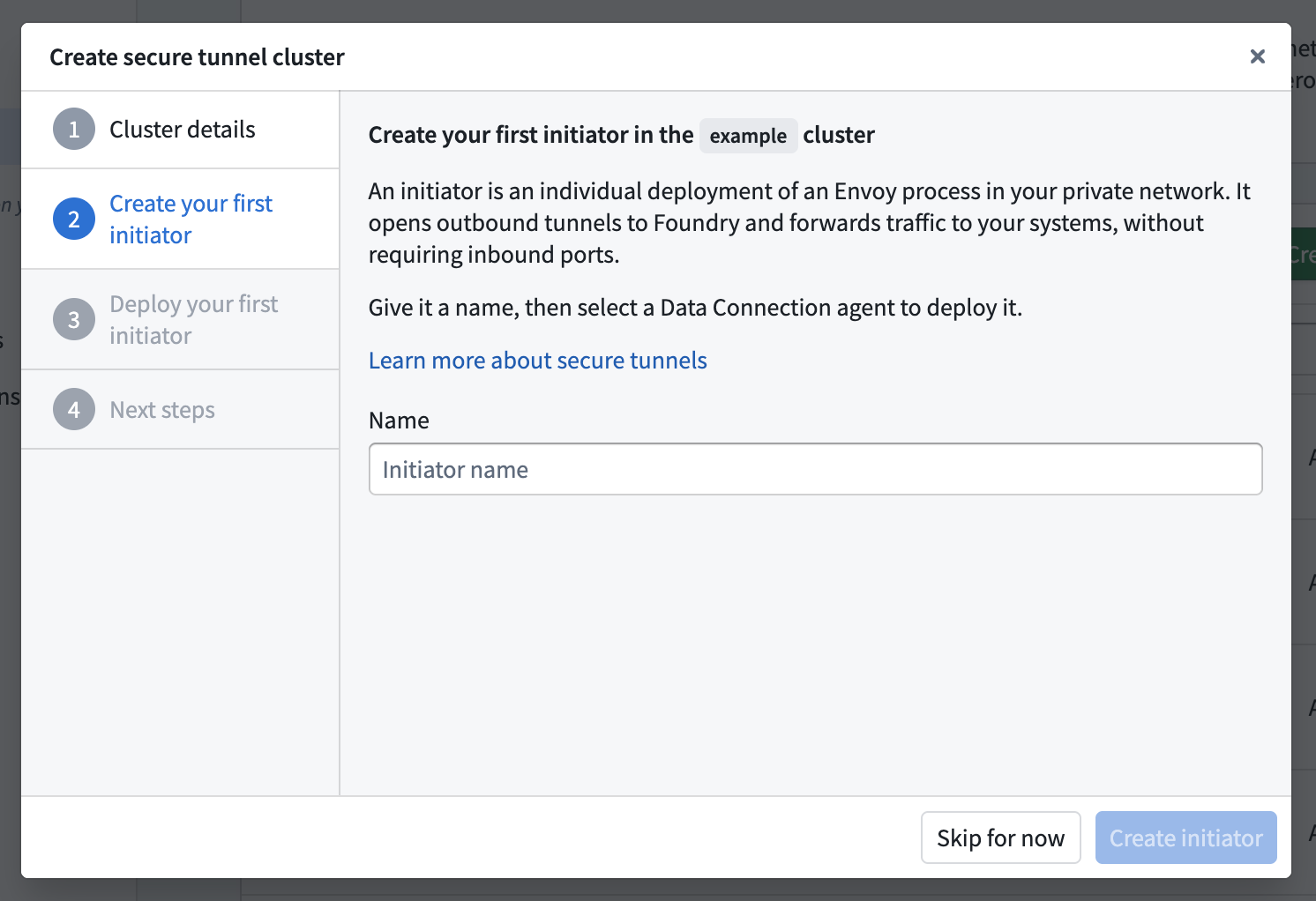 The Create your first initiator step shows the initiator name field.