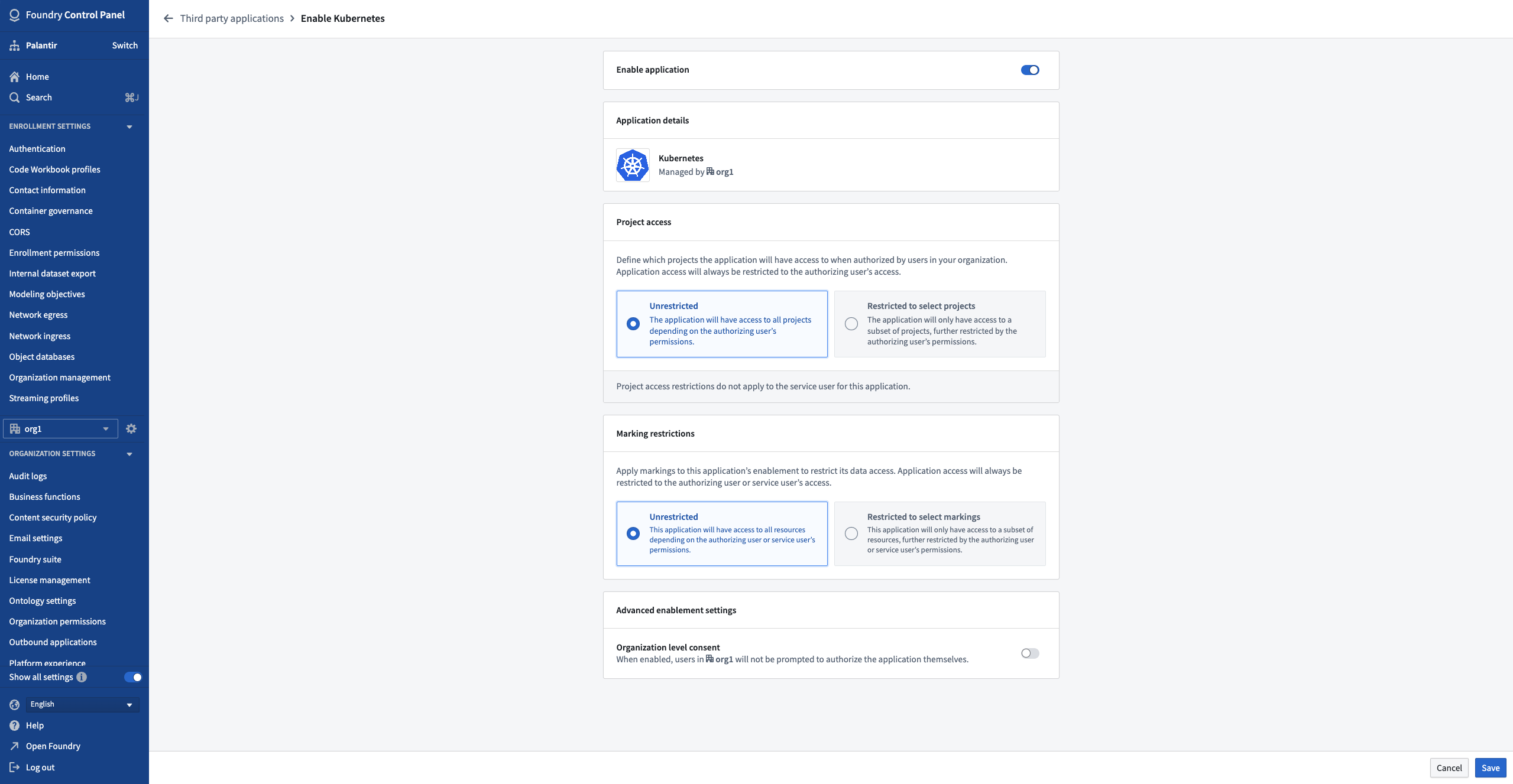 Enablement settings page
