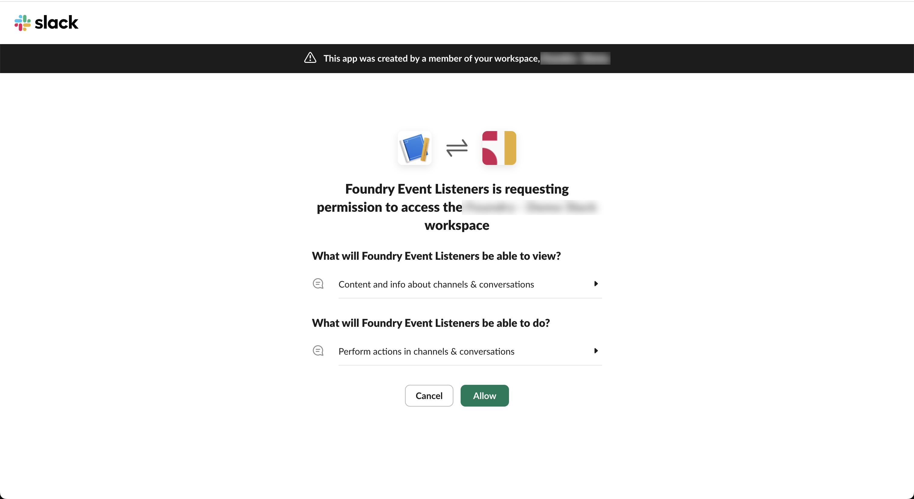 Slack's permission page for Palantir requesting permission to access the Slack workspace.