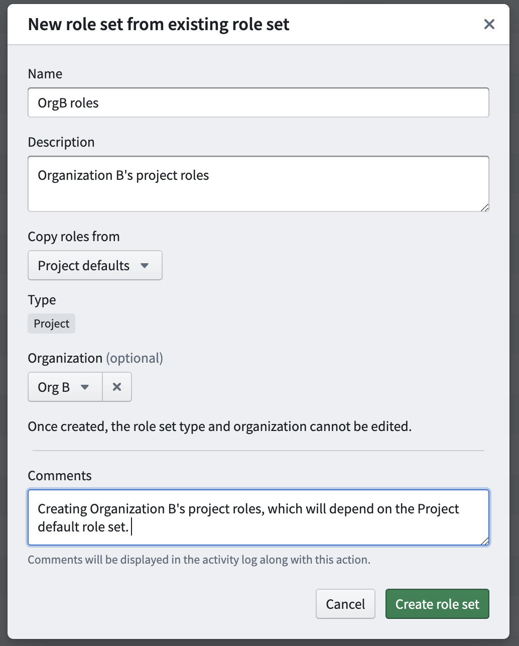 Screenshot of creating a new role set from existing