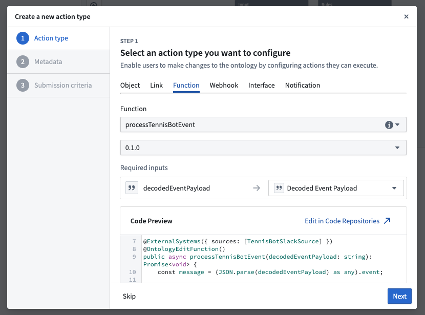 A walkthrough wizard for creating a function-backed action is shown.