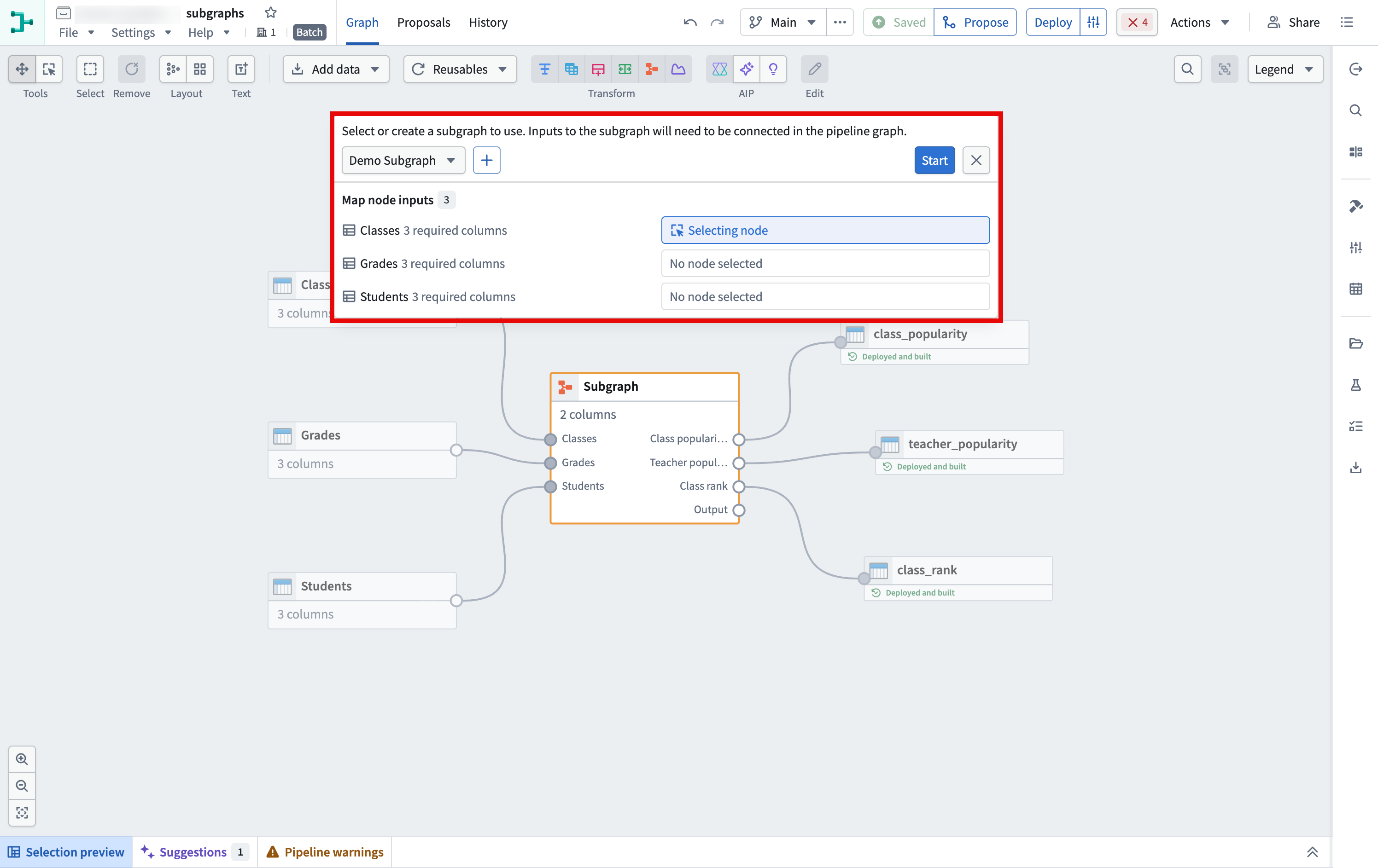 The highlighted node input mapping section lists Classes, Grades, and Students, with node selection active for Classes.