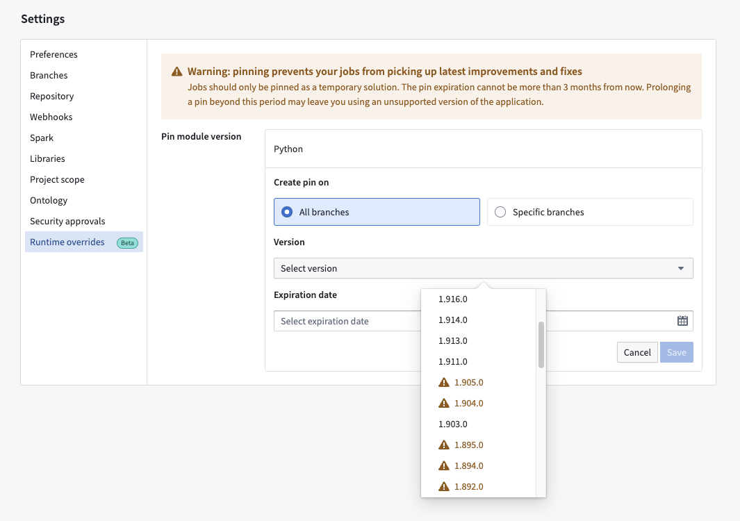 Selecting a version