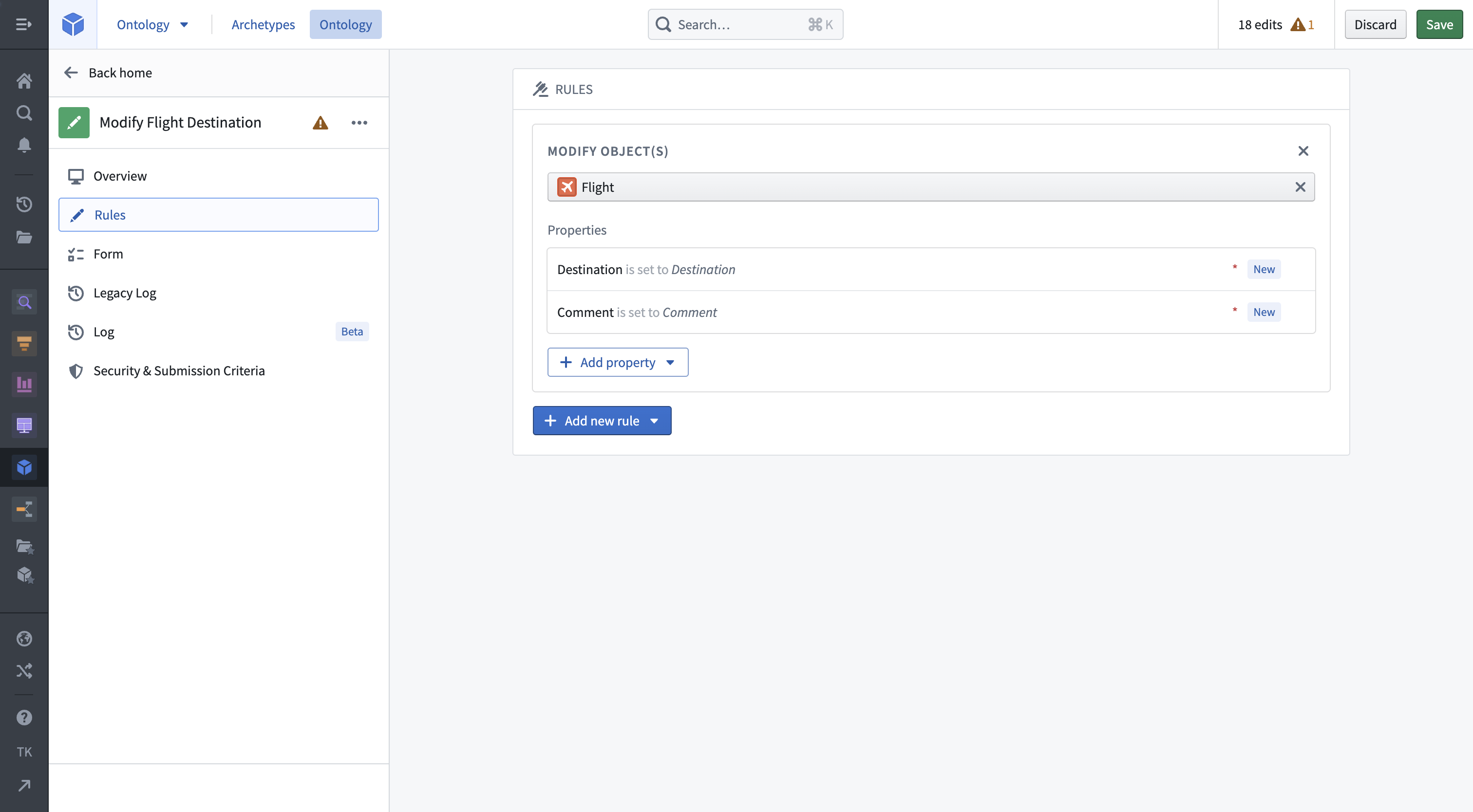 The Rules tab of an action type definition, showing the modification rule and its added properties.