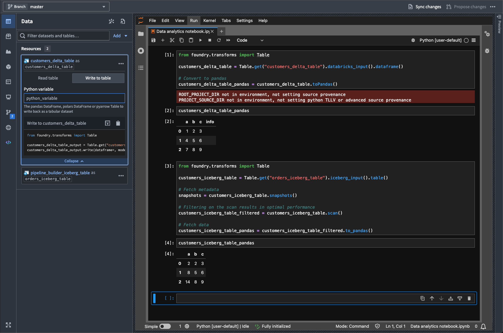 A highlighted code snippet in the Data panel.