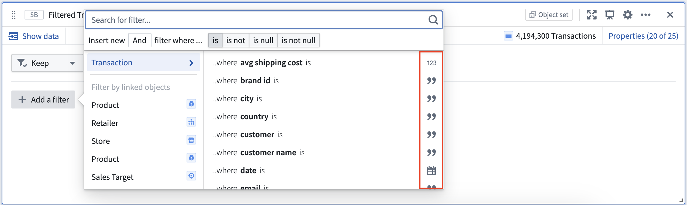 See property type in Add Filter menu