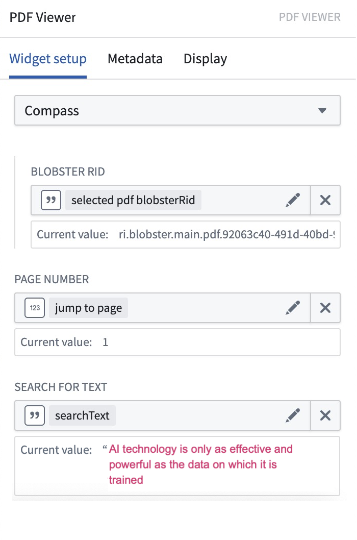 The configuration panel for a newly created PDF Viewer widget.