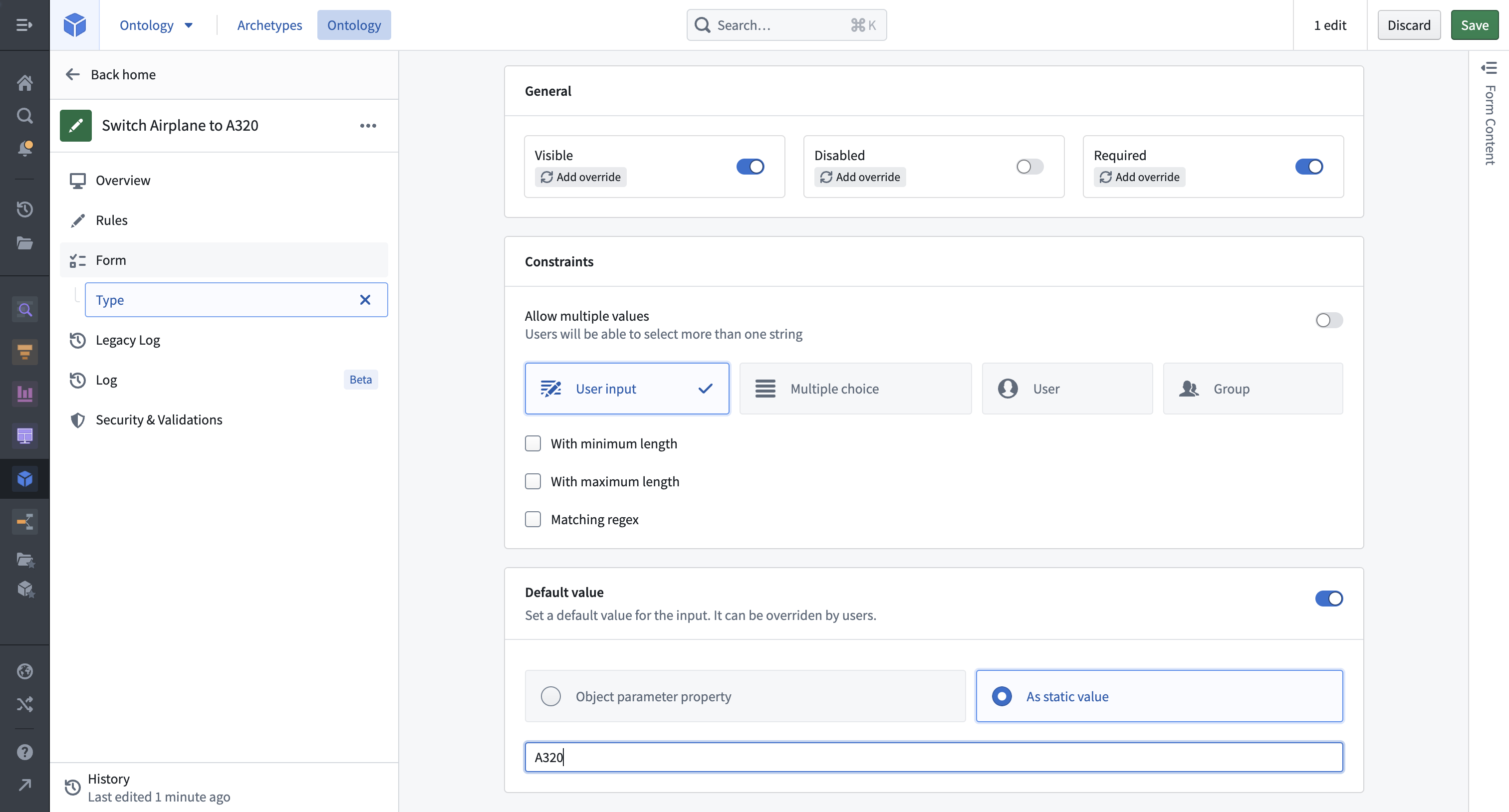 Configuring a static default value