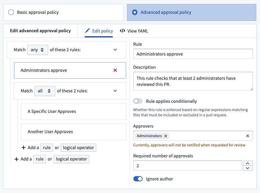 The advanced approval policy editor.