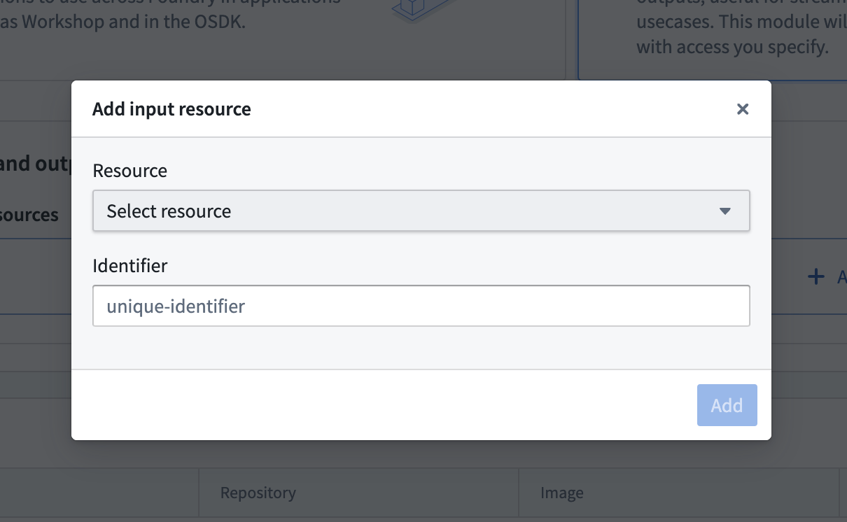The add resource dialog for selecting a Foundry dataset, streaming dataset, or media set.