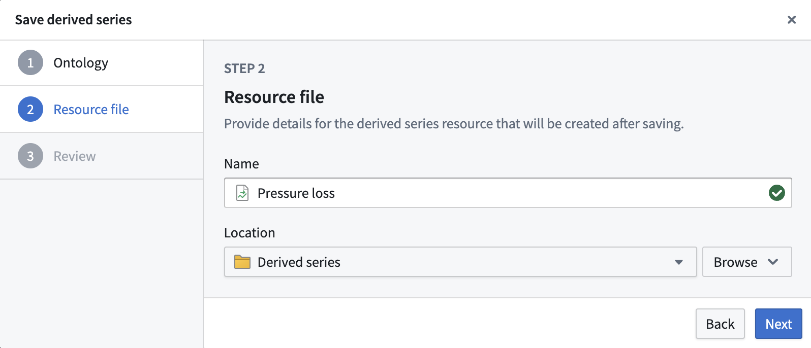 The Resource file tab of the Save derived series dialog.