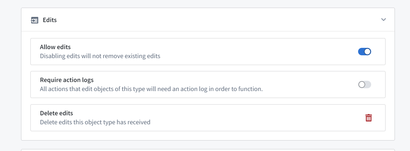 Object type configuration to require Action Logs for all ontology create and edit actions.