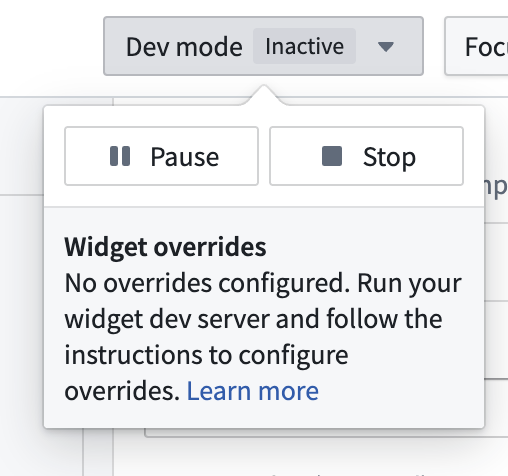 The dev mode menu reports that no widget overrides are configured for an inactive session.