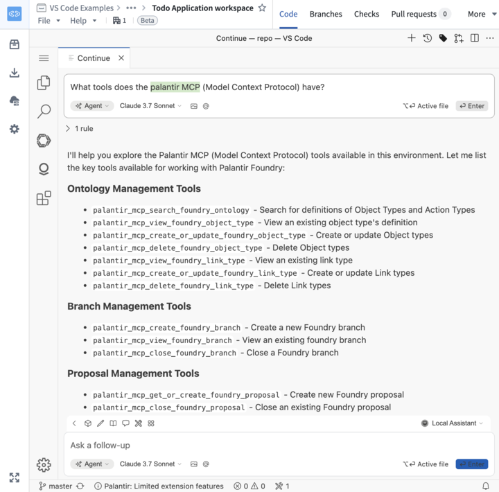 Ask the agent what tools are available in Palantir MCP.