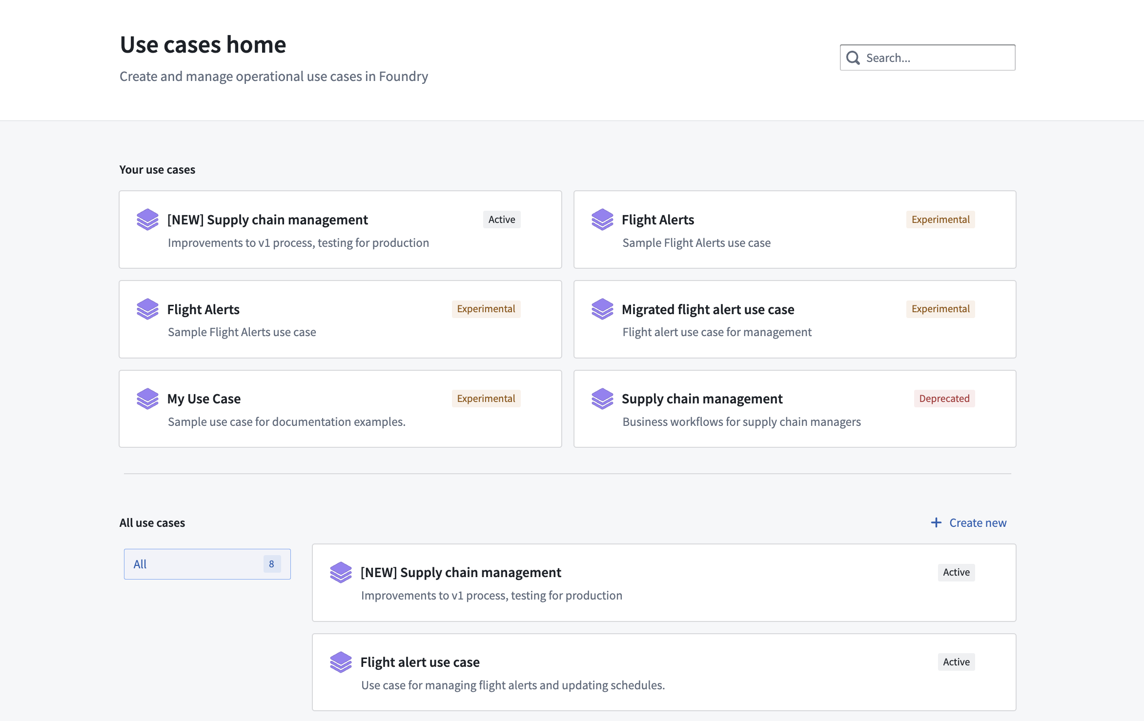 Home page of Use Cases application