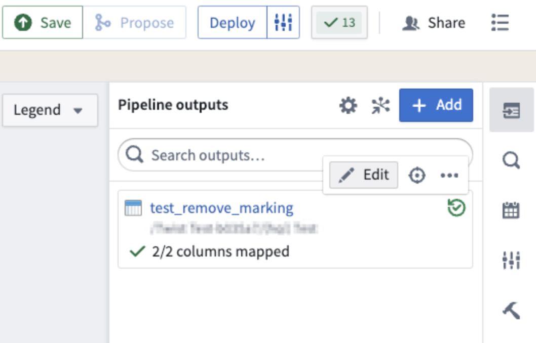 Select Edit on the output on which you would like to remove inherited markings and organizations.