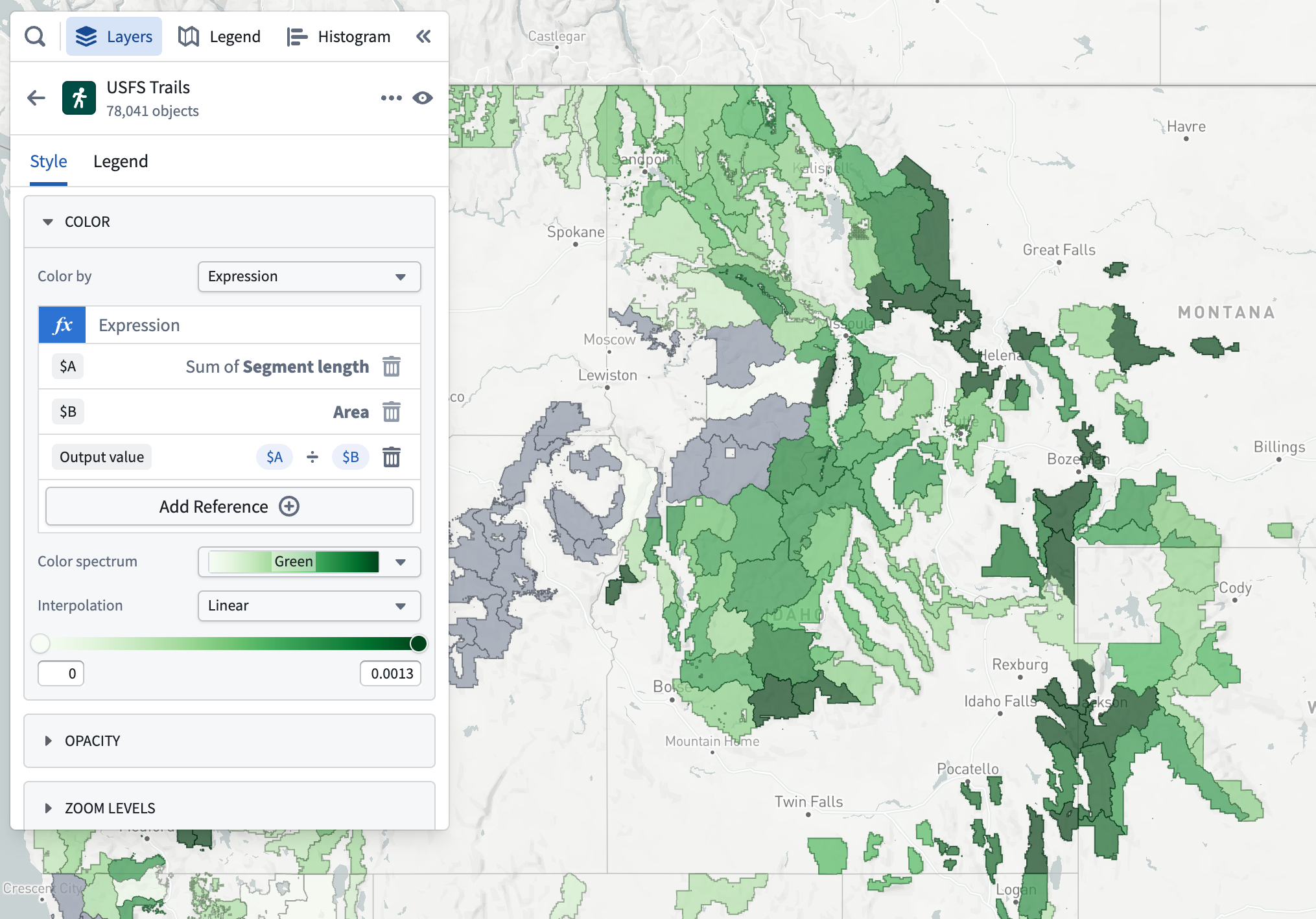 Choropleth map showing trail density by US Forest Service Ranger District.
