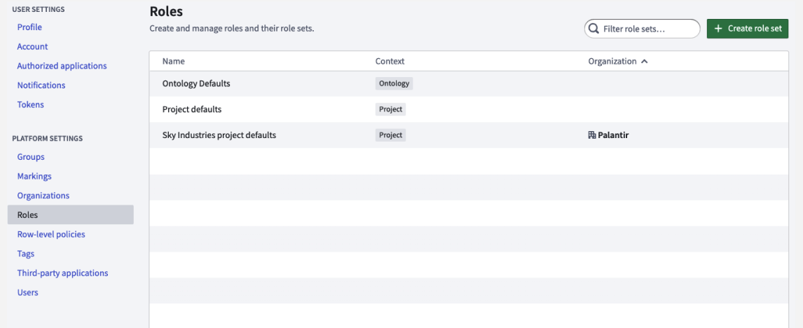 Screenshot of Create role set dialog