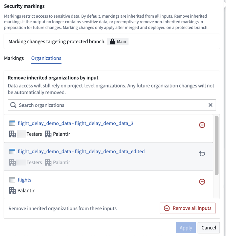 Remove an organization marking by deleting all inputs containing it. In this example this means both inputs with the Testers organization.