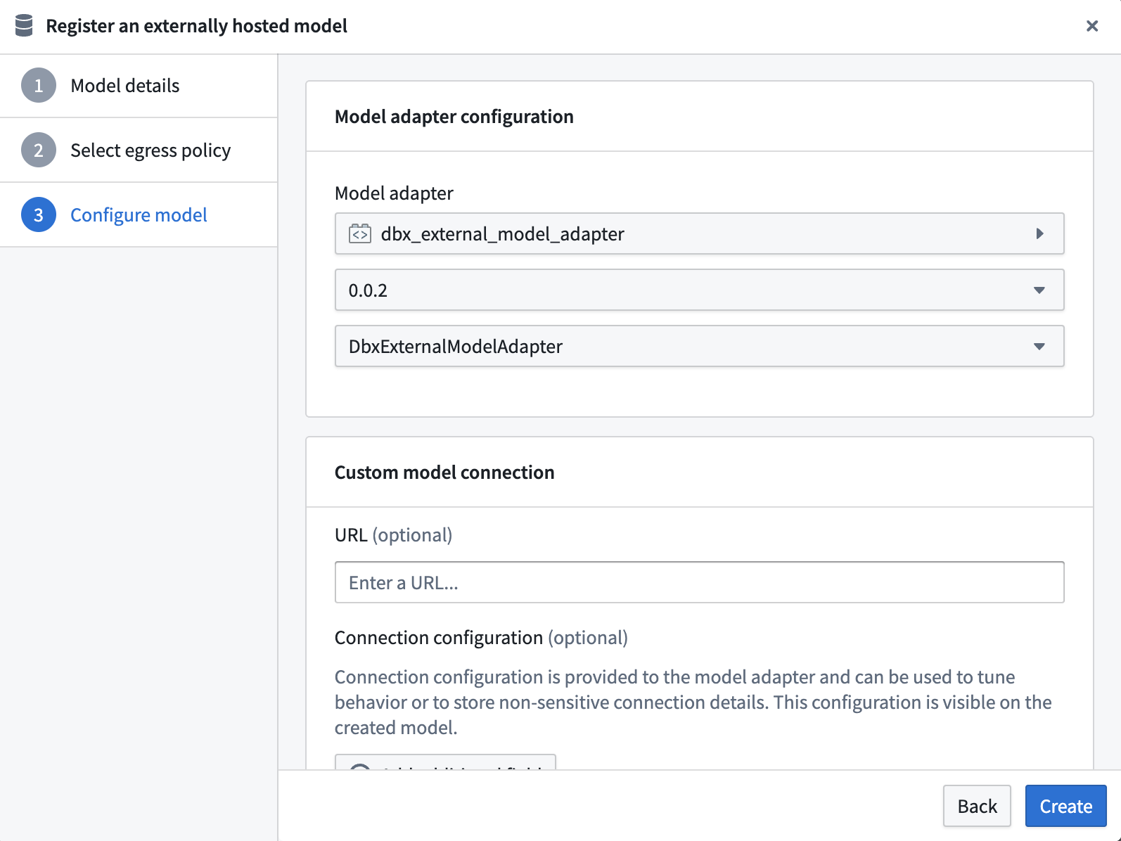 Model Adapter configuration panel for Databricks in Palantir Foundry