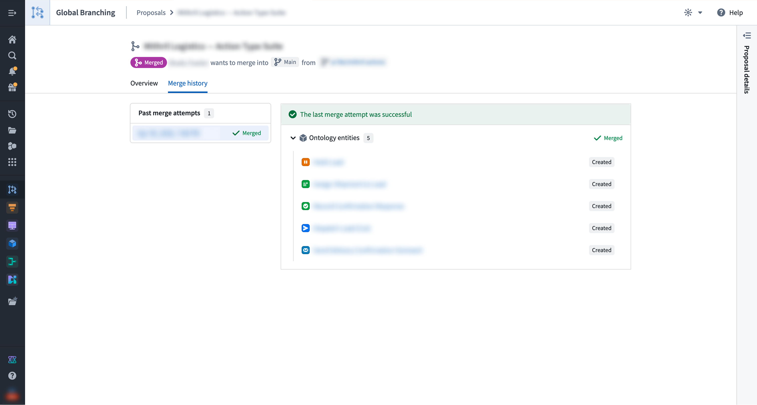 Global Branching app branch merge history.