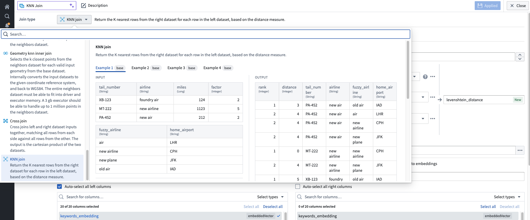 A screenshot of the KNN join selection, with an example.