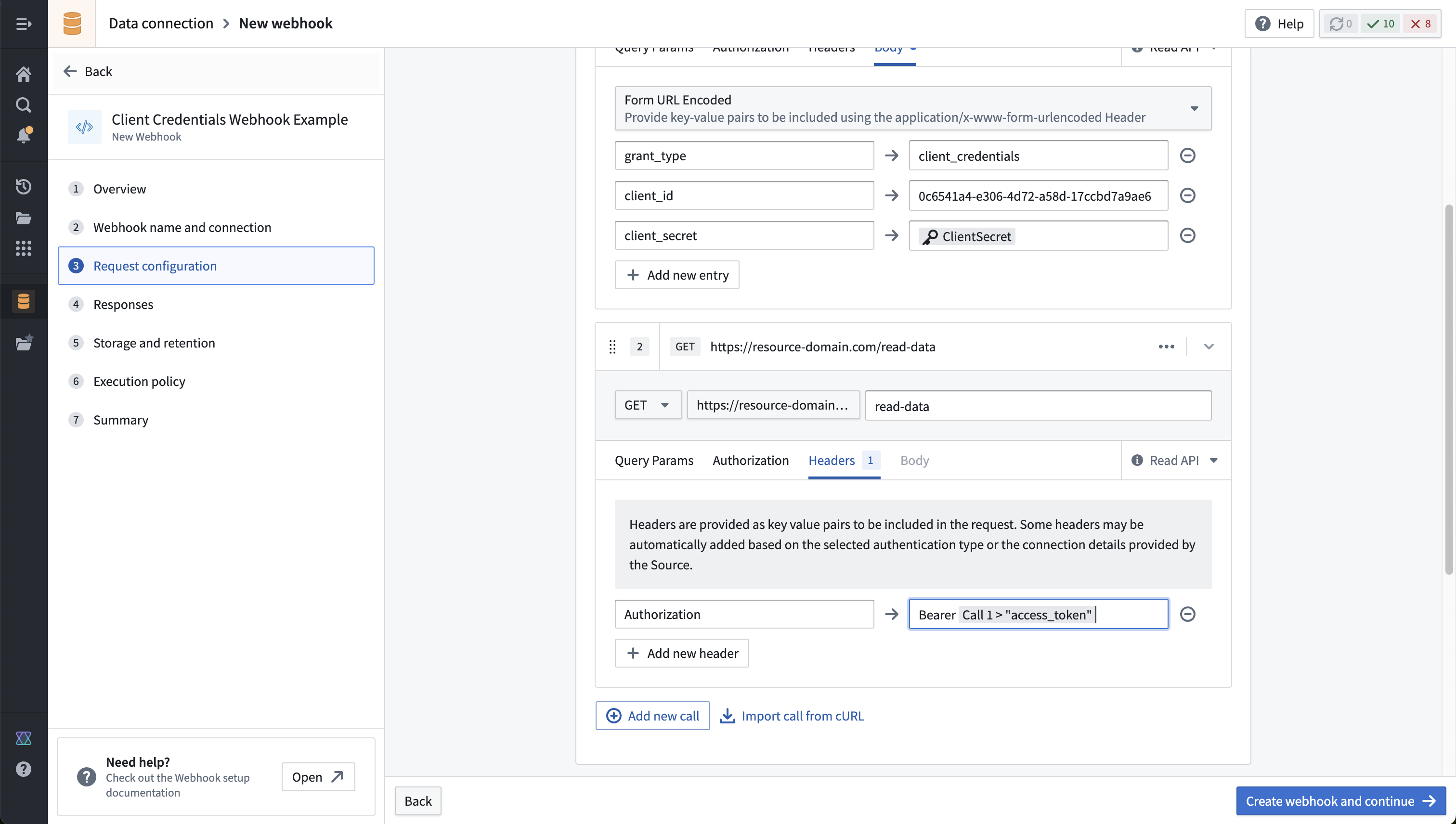 A completed example REST API webhook configuration for doing an OAuth 2.0 client credentials workflow.