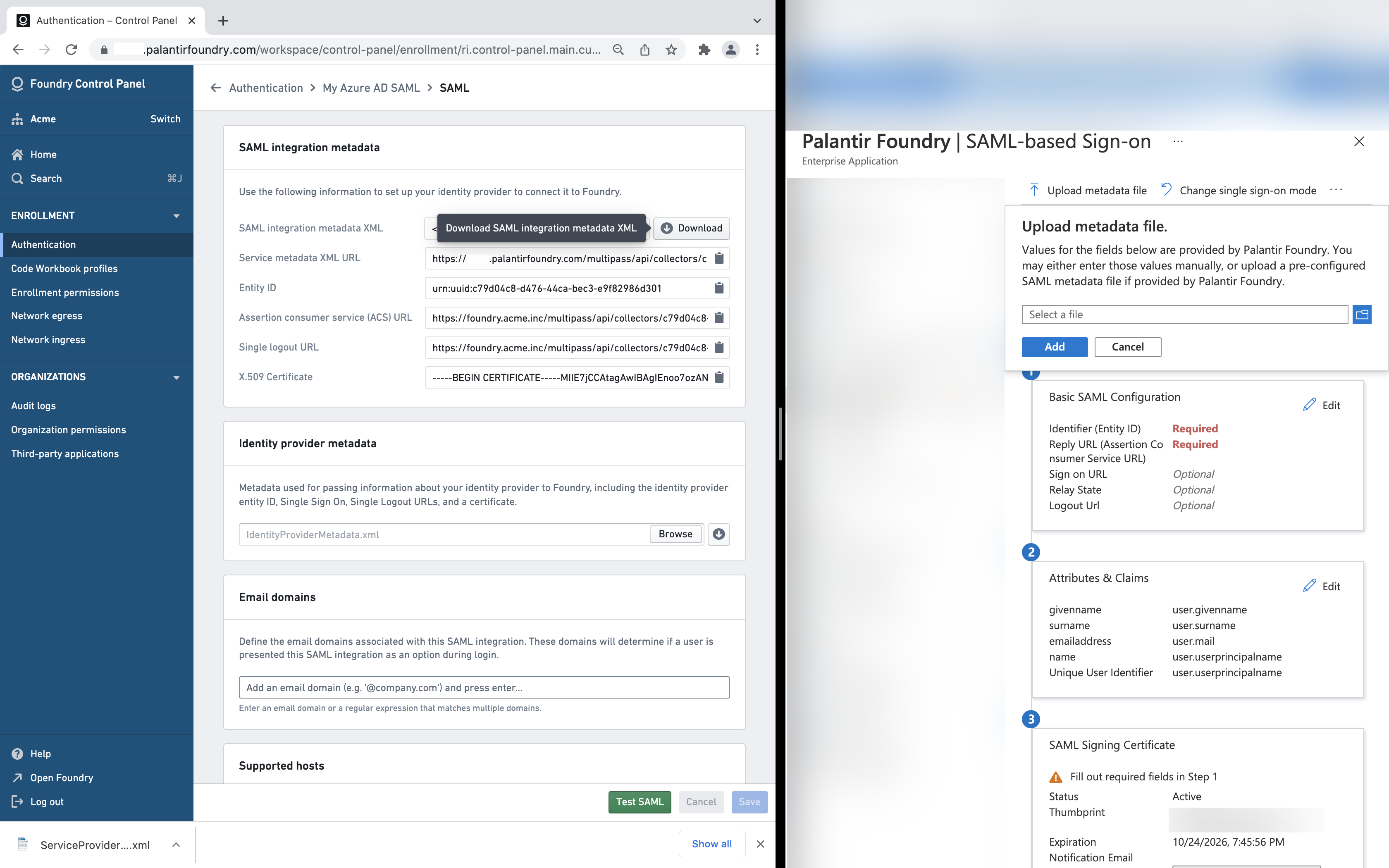 SAML integration metadata