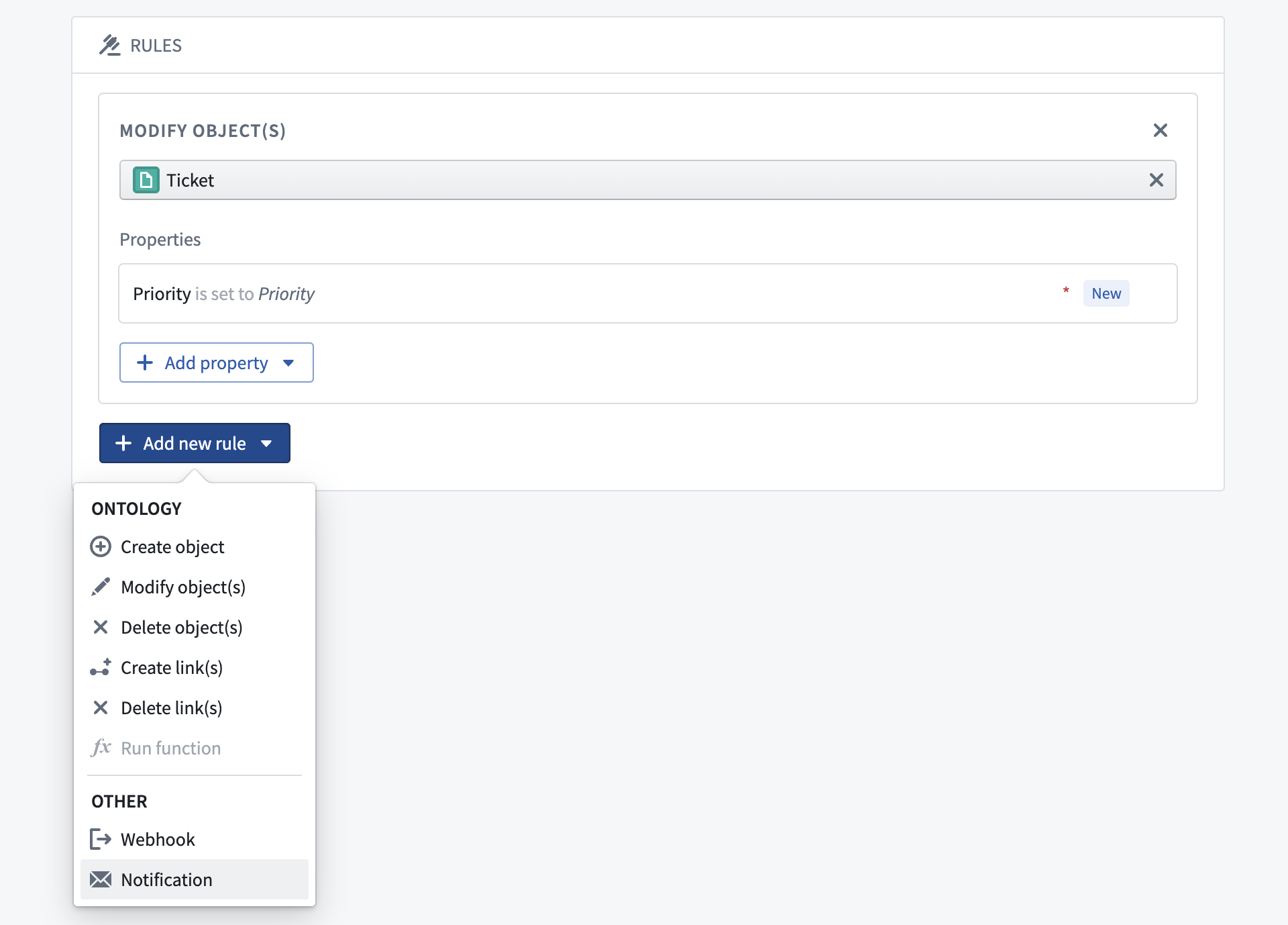 Dropdown menu for Add new rule