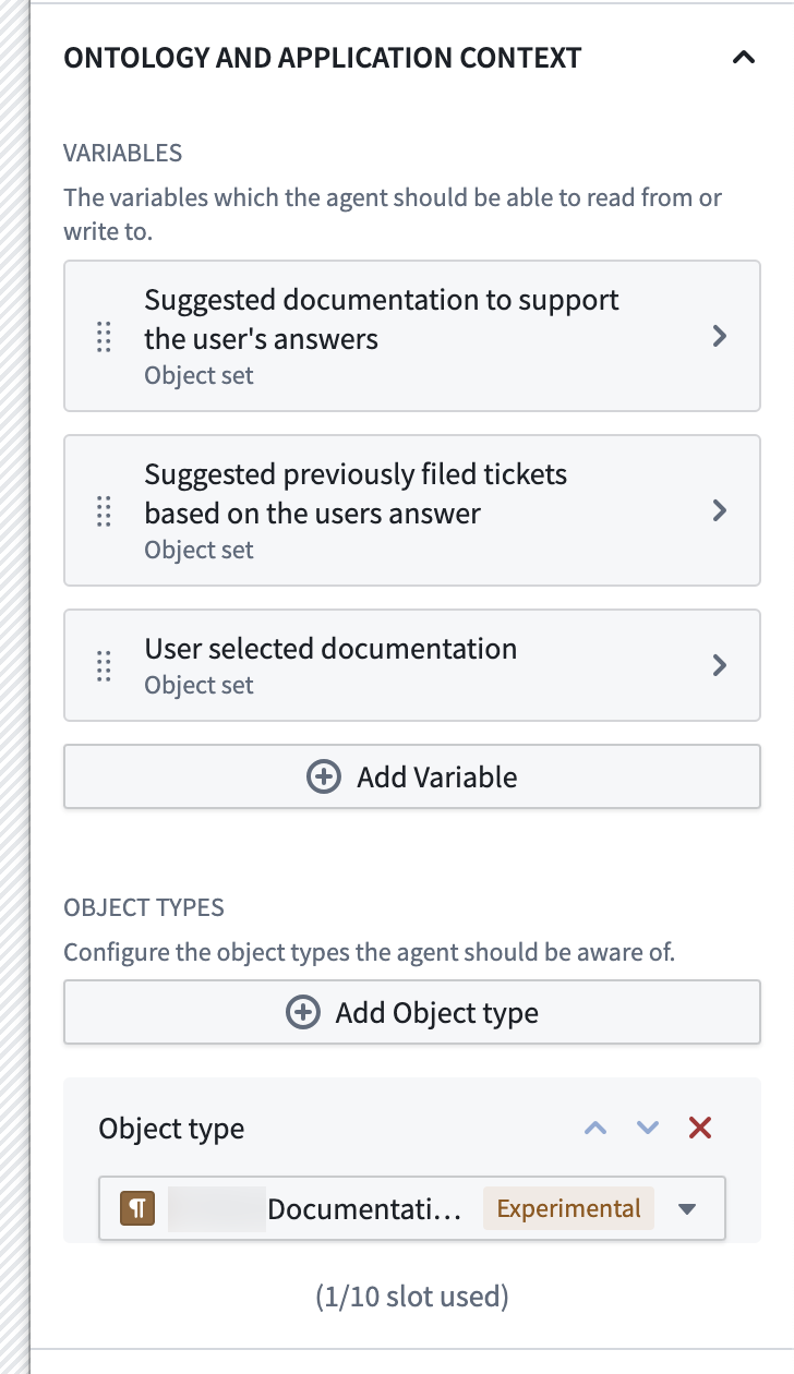 AIP Chatbot widget Ontology and application context panel.