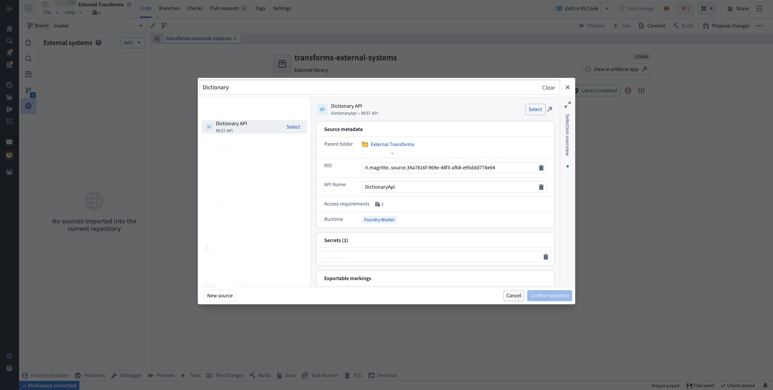 Dialog for importing the Dictionary API source into a Python transforms repository.
