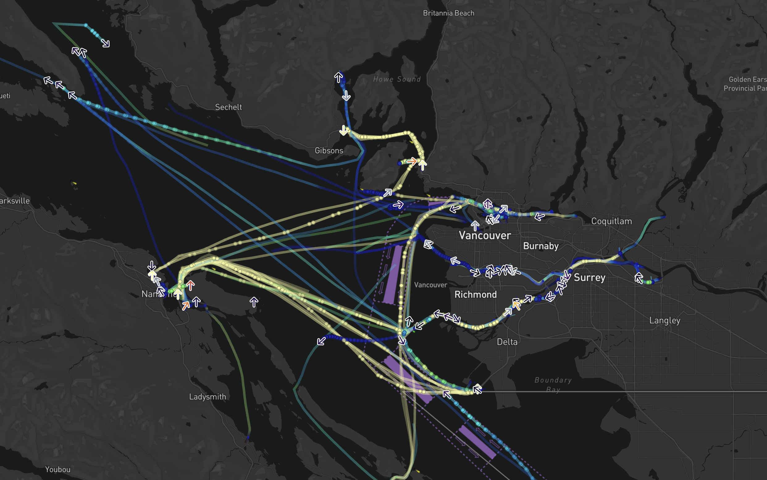 Track displays example showing a track line, breadcrumbs, and icon at the current position for vessel objects moving near the City of Vancouver.
