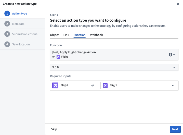 Create a new action type window with function and inputs selected from dropdown menus.