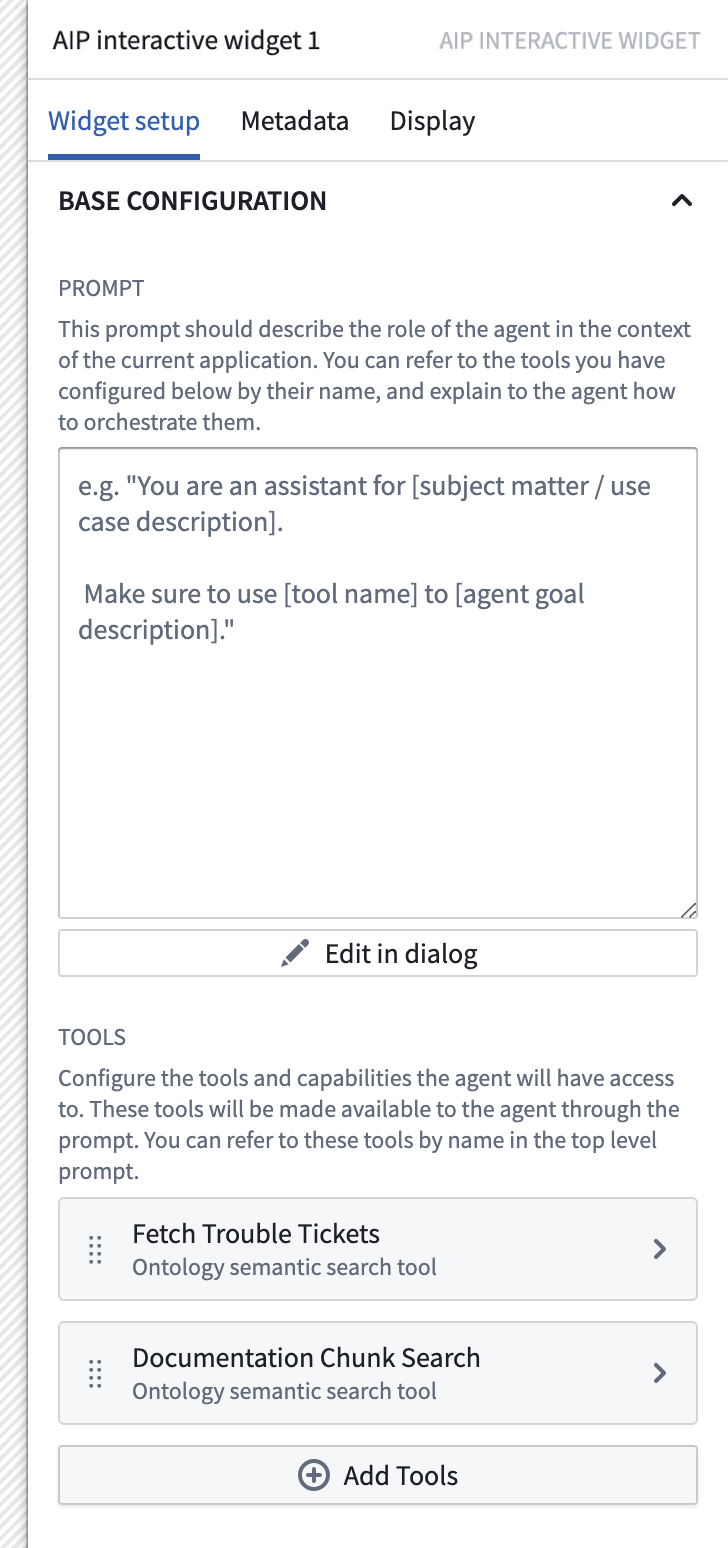 AIP Chatbot widget configuration panel.