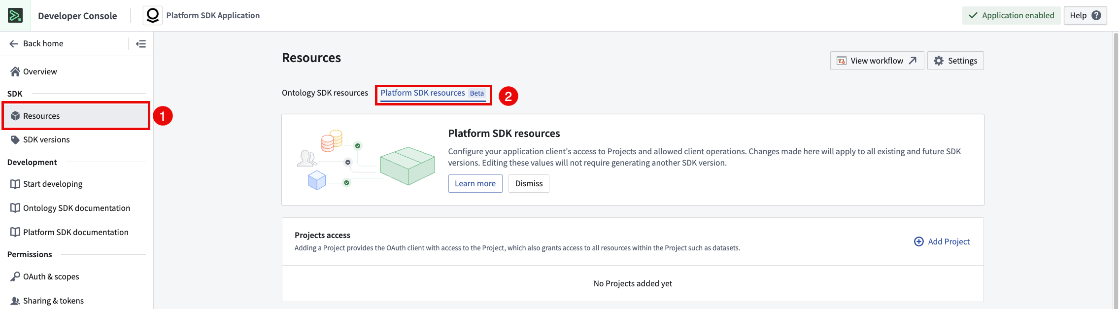 Navigating to the Platform SDK resources page in Developer Console.