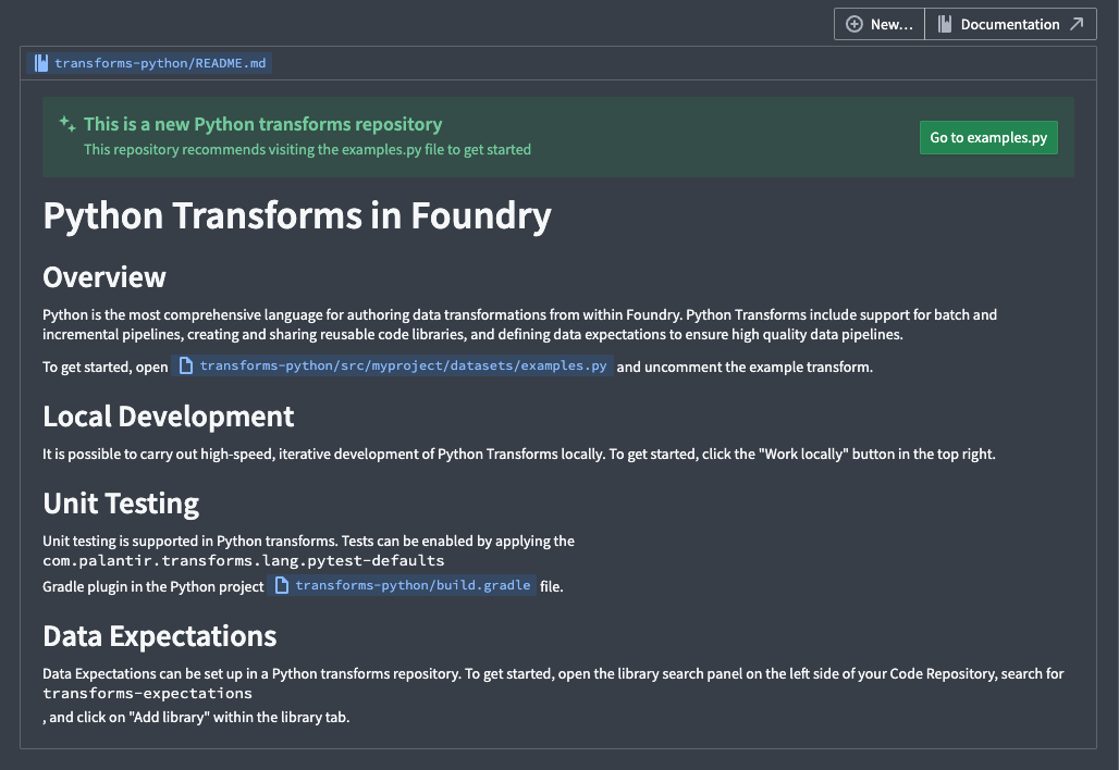 View of the new readme file initialized when creating a new python transforms repository.