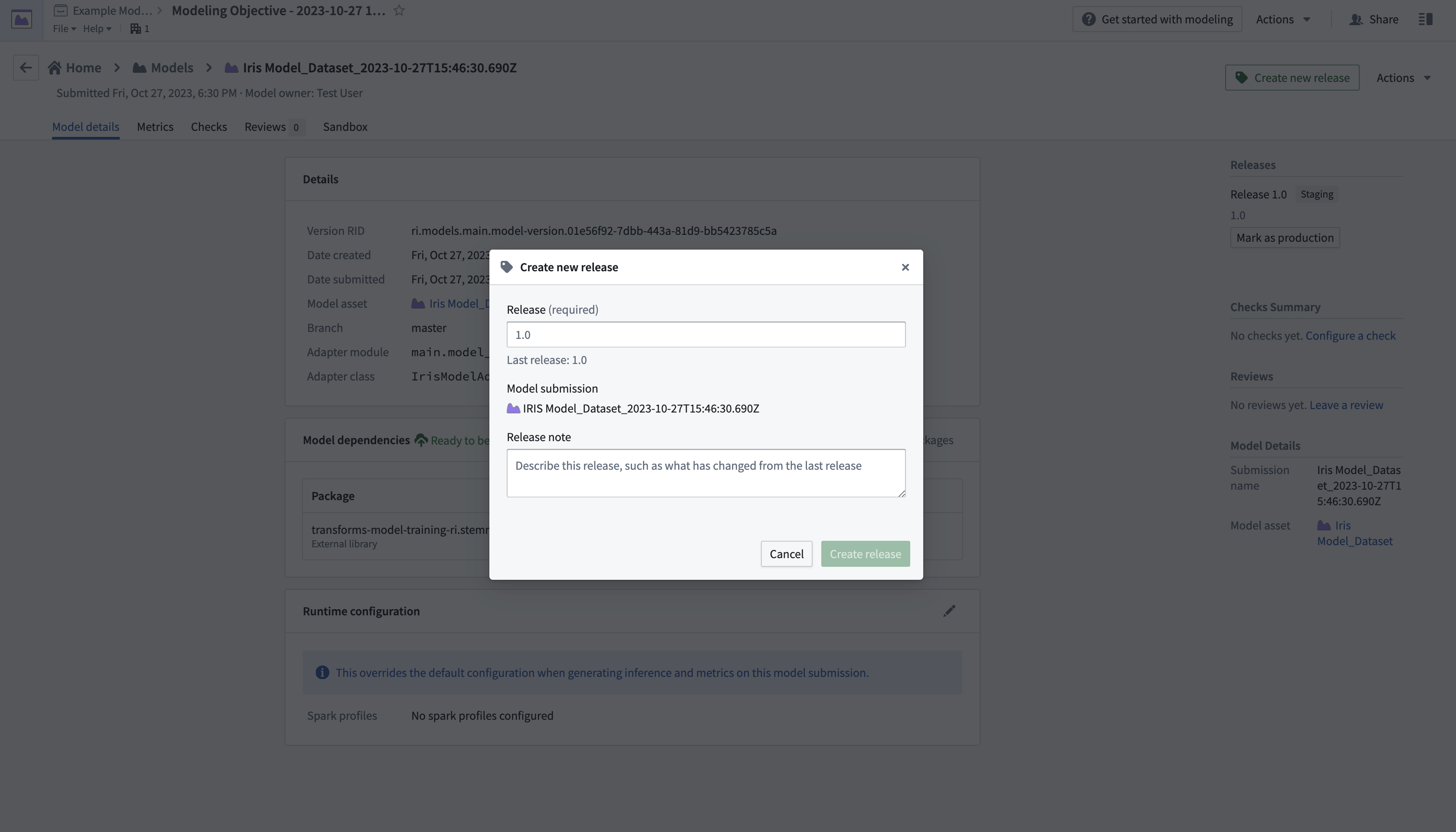 The pop-up dialog to create a new release for the model.