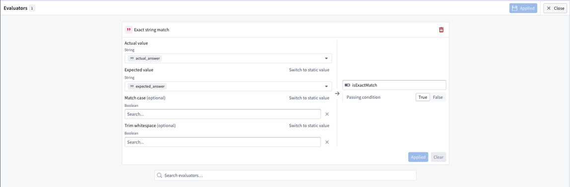 The configuration page displays options for the Exact string match evaluator.