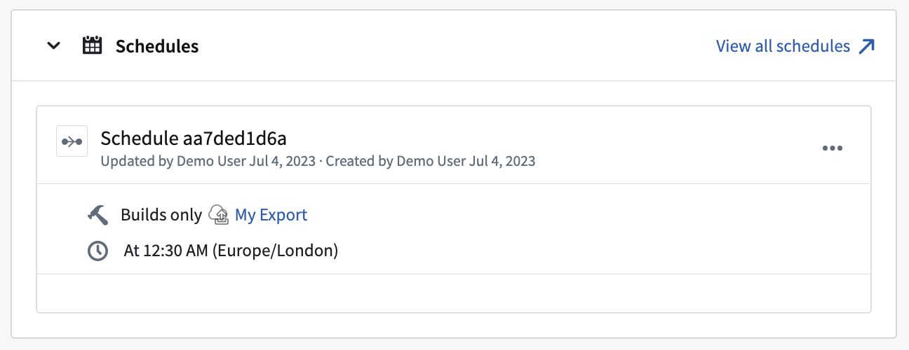 A preview of a schedule set to build an export job at 12:30 AM in Europe/London time.