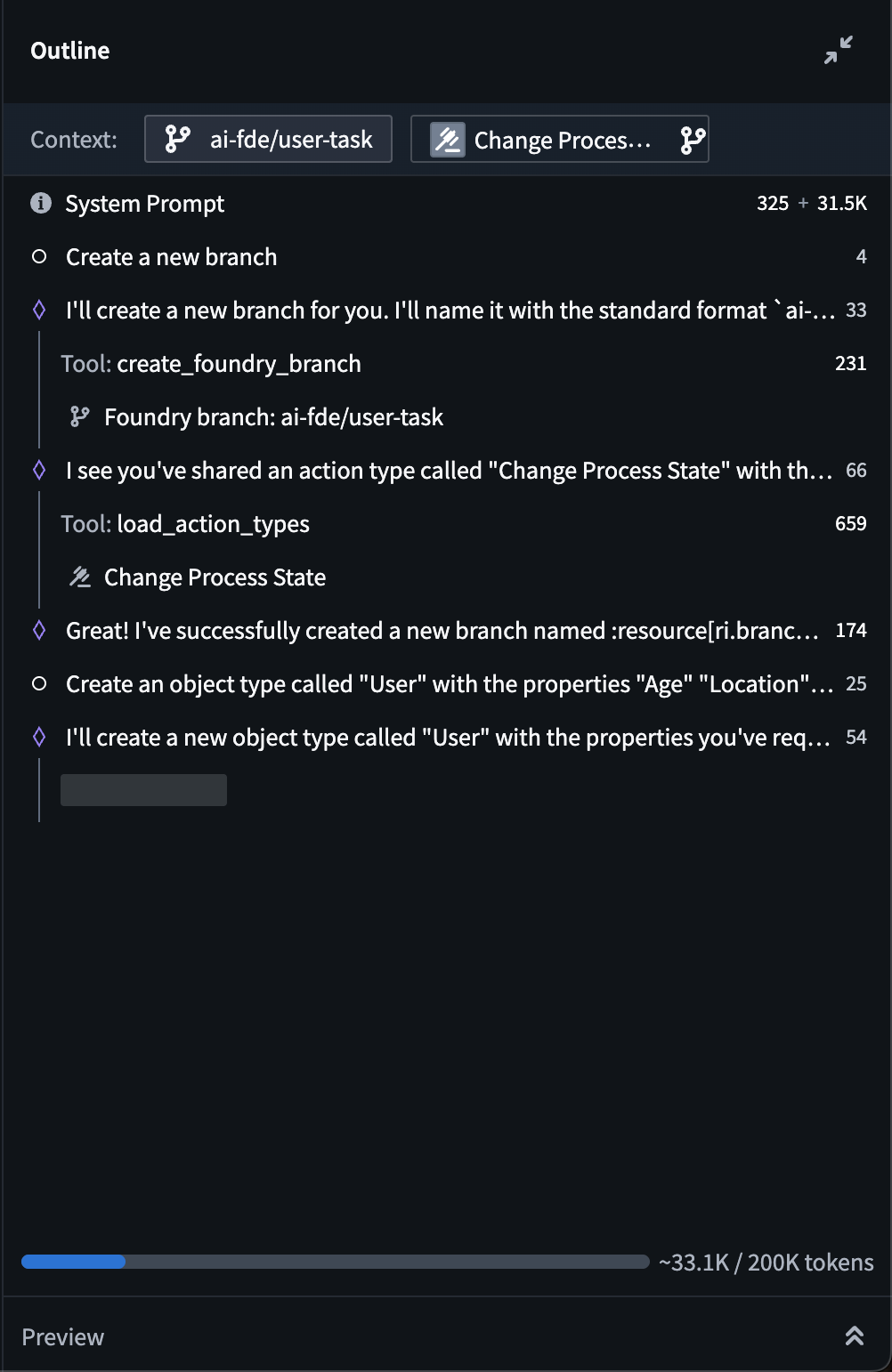 The outline panel in an AI FDE session.