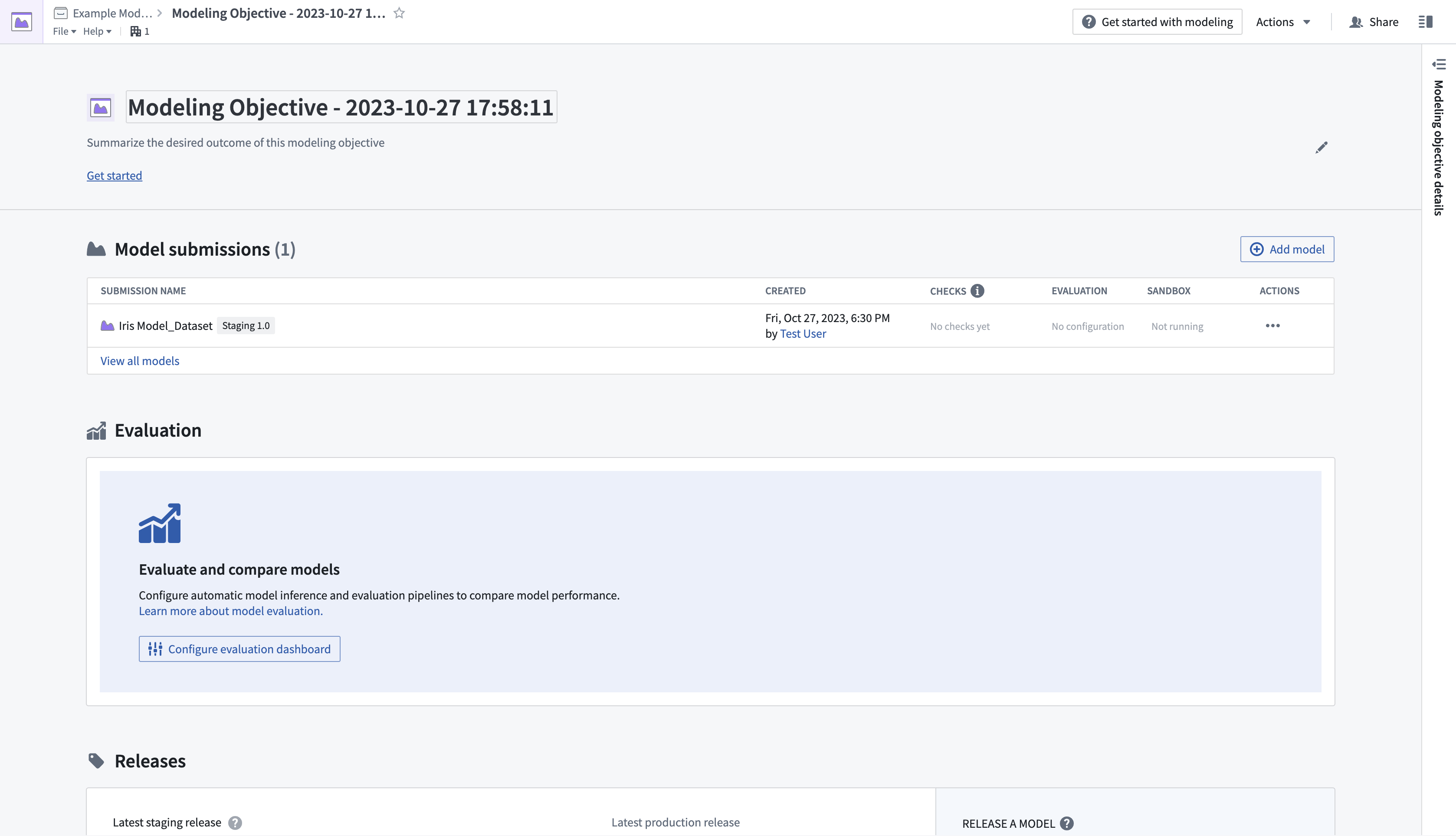 The recent model submission is now viewable from the overview page of the modeling objective.