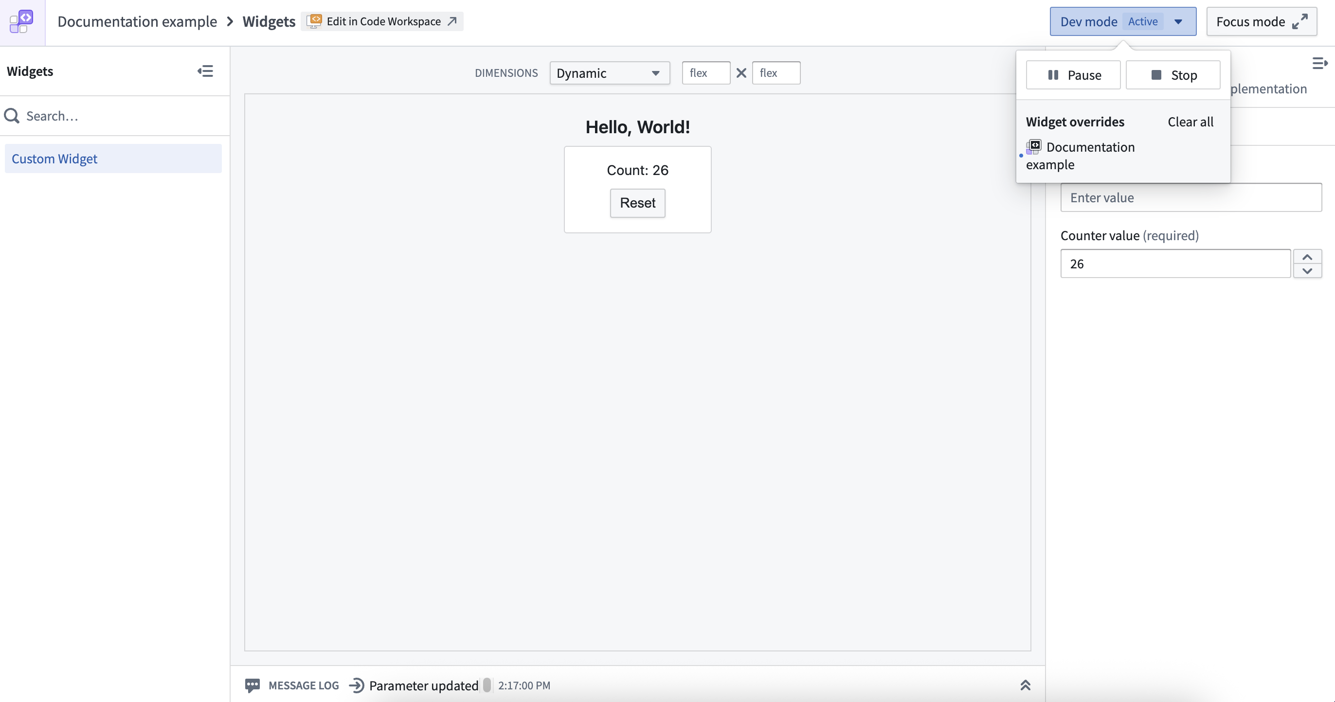 A widget in dev mode in the custom widgets playground.